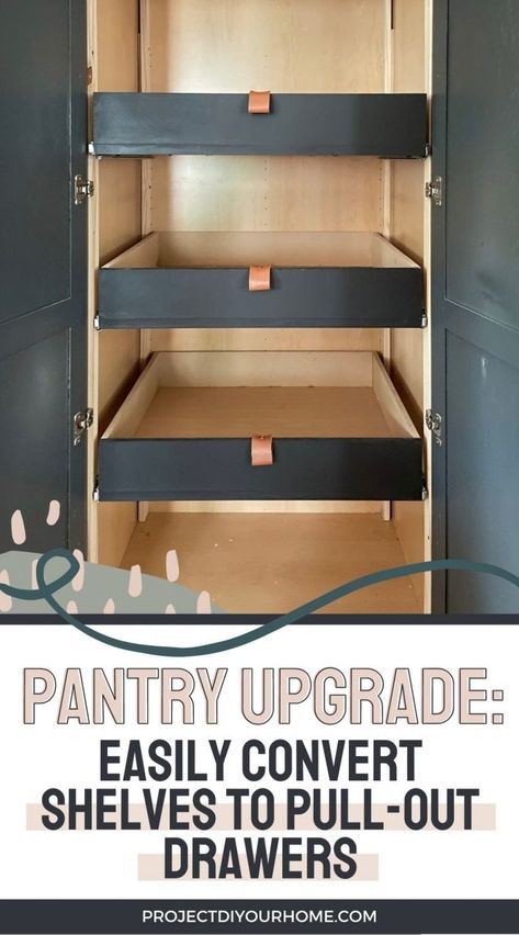 Pull Down Storage Shelves, Diy Cabinet Shelves, Pantry Upgrade, Diy Pantry Cabinet, Pull Out Pantry Shelves, Diy Pull Out Shelves, Pull Out Pantry, Pantry Decor, Pantry Drawers