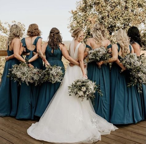 Dark Teal Wedding Party, Peacock Color Bridesmaid Dresses, Dark Teal And Pink Wedding, Barker Wedding, Dark Teal Bridesmaid Dresses, Turquoise Wedding Theme, Dark Teal Weddings, Peacock Bridesmaid Dresses, Teal Wedding Colors