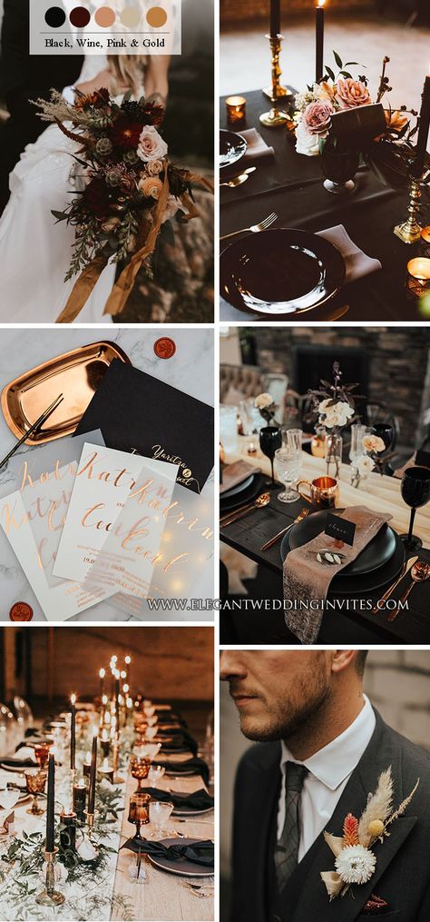 copper, dusty rose and black modern stylish wedding party ideas Black Rust And Gold Wedding, Black Copper White Wedding, Edgy Elegant Wedding, Black Copper Cream Wedding, Modern Fairytale Wedding Theme, Cinnamon And Black Wedding, Brown And Black Wedding Colors, Black Copper Wedding Color Palettes, Modern Black And Copper Wedding