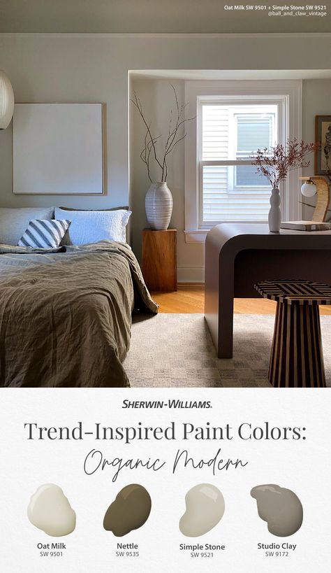 Give your bedroom an organic modern upgrade with Sherwin-Williams paint. Try colors like Oat Milk SW 9501, Nettle SW 9535, Simple Stone SW 9521, and Studio Clay SW 9172 for the perfect balance of earthy and upscale. To see these hues in your home, tap this pin to order free color chips. (Photo courtesy of @ball_and_claw_vintage on Instagram.) #sherwinwillaims #color #organicmodern #paint #diy #bedroom #decor #interiordesign Sherwin Williams Simple Stone Paint, Modern Organic Bedroom Paint, Organic Modern Interior Paint, Sw Earthy Colors, Sw Interior Paint Colors Schemes, Modern Organic Wall Colors, Stone Colored Paint, Sherwin Williams Organic Modern, Organic Modern Bedroom Paint Colors