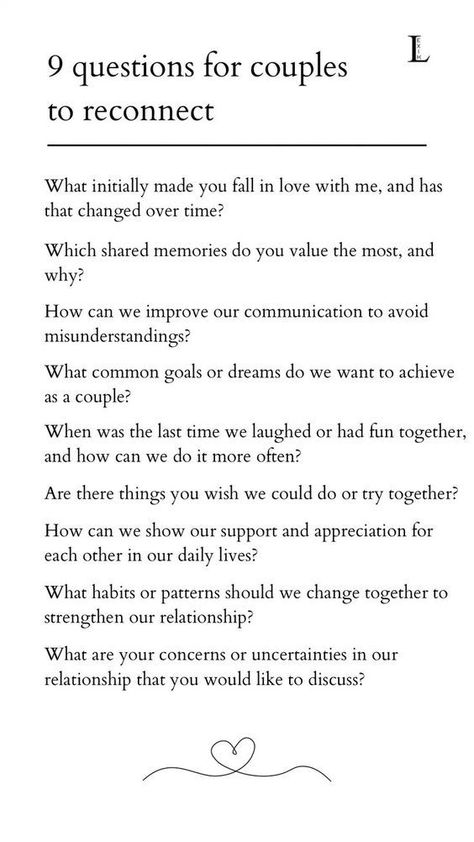 9 questions for couples to reconnect Questions For A Healthy Relationship, Anniversary Reflection Questions, Marriage Reflection Questions, Couple Reconnection Questions, Couple Reflection Questions, Questions For Relationship Growth, Healing Questions For Couples, Cute Relationship Questions, Questions For Connection