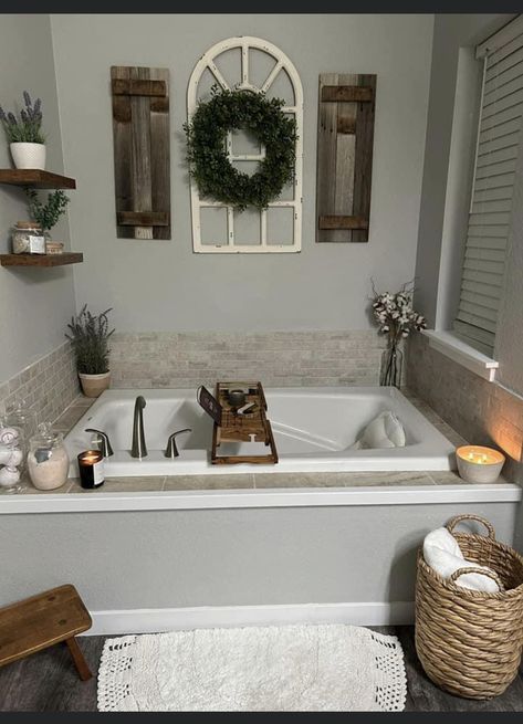 Master Bath Tub Ideas Decor, Decorating Garden Tub Master Bath, Jacuzzi Tub Decor Ideas Master Bathrooms, How To Decorate Jacuzzi Tub Master Bath, Bathroom Wall Art Above Tub, Farmhouse Tub Surround, Big Tub Decor Ideas, Decor Around Jacuzzi Tub Master Bath, Bathroom Jacuzzi Tub Decor