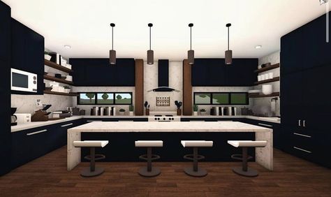 Bloxburg House Ideas Mansion Layout, Dark Modern Kitchen, Big Kitchen Ideas, Modern Suburban House, Big Modern Houses, Morden House, Blocksburg Room Ideas￼, House Plans With Pictures, Bloxburg Builds