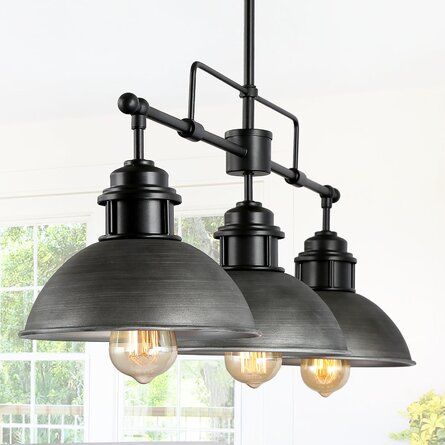 Longshore Tides Mahle 3-Light Gray Modern Farmhouse Industrial Linear Dining Room Chandelier with Brushed Metal Dome Shades | Wayfair Black Modern Farmhouse, Chandelier Farmhouse, Kitchen Island Chandelier, Island Chandelier, Farmhouse Kitchen Island, Linear Pendant Light, Kitchen Island Linear Pendant, Dome Pendant Lighting, Industrial Chandelier