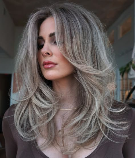 Framing Layers Long Hair, Face Framing Layers Long Hair, Layers Long Hair, Oval Face Bangs, Wavy Layered Hair, Long Grey Hair, Grey Blending, Grey Hair Care, Grey Hair Dye