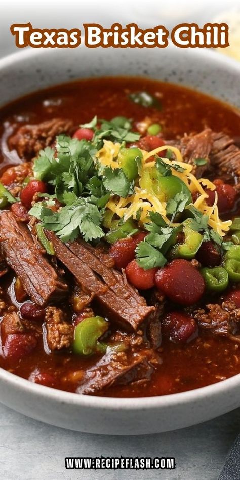 Looking for a chili that stands out from the rest? This Texas Brisket Chili Recipe offers a unique twist with smoky brisket and zesty spices. Perfect for game day or family gatherings! Save this to your favorite Chili Recipes board for an easy go-to meal anytime! German Chili Recipe, Chili With Brisket, Brisket Chilli Recipes, New Mexico Chili Recipes, Texas Brisket Chili, Brisket Chili Recipe Smoked, Beef Brisket Chili Recipes, Brisket Chili Crockpot, Texas Chili Recipe Award Winning