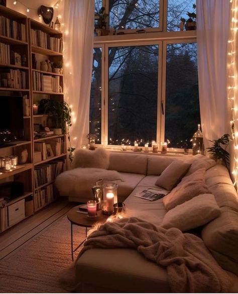 High Ceiling Decorating Apartment, Readers Living Room, Mini Hangout Room, Candle Lit Living Room Aesthetic, Asthetic Houses Interior Living Room, Living Rooms With Bookshelves, Modern Warm Apartment Aesthetic, Calm Room Ideas Bedrooms, Kimberly Core Aesthetic