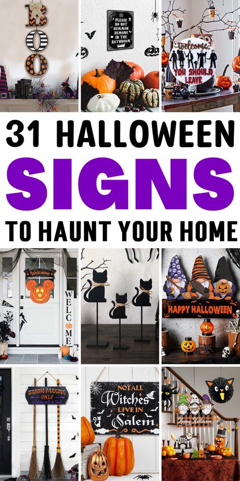 Get into the Halloween spirit with our eerie Halloween signs and sayings! Transform your home into a haunted house with these spooky DIY Halloween decorations. From creepy signs to witchy vibes, our DIY Halloween crafts will make your space a frightful delight. Create a memorable Halloween party with our handmade Halloween sign ideas and wall art. Your guests will love the scary Halloween home decorations that welcome them to your haunted abode. Check out these Halloween wood signs today. The Witch Is In Sign Diy, Scary Halloween Signs Diy, Wooden Halloween Signs Diy, Scary Halloween Signs, Halloween Sign Ideas Diy, Halloween Food Signs, Halloween Diy Signs, Spooky Halloween Signs, Halloween Sign Ideas