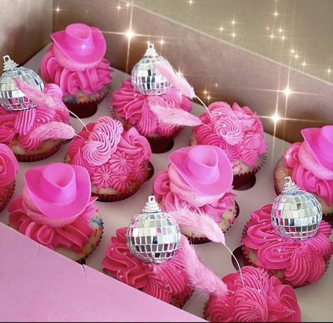 Disco Cowgirl Party Cupcakes, Disco Rodeo Cupcakes, Hot Pink Disco Ball Birthday Cake, Sweet 16 Disco Cowgirl Party, Pink Whitney Party Theme, Cowgirl Birthday Theme Ideas, Disco Cowgirl Dessert, Disco Cowgirl Cake Smash, Hot Pink Disco Cake