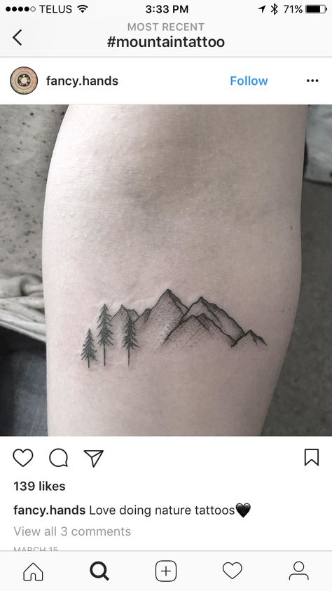 Mountain And Evergreen Tattoo, Wrist Tattoos For Women Mountains, Mountain Tattoo On Ribcage, Mountains And Pine Trees Tattoo, Mountain Tattoo With Pine Trees, Simple Mountain And Tree Tattoo, Mountain And Trees Tattoo, Simple Nature Tattoos, Mountain And Tree Tattoo