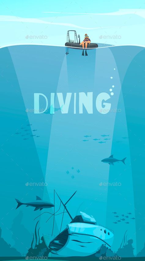 Deep Diving Composition by macrovector | GraphicRiver Underwater Drawing, Hug Illustration, Underwater Background, Comics Style, Ocean Illustration, Water Challenge, Sea Illustration, Deep Sea Diving, Water Illustration