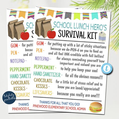 "School Lunch Room Worker Survival Kit Gift Tags! Perfect to use for the school lunch heroes in your life! ALL TEXT IS EDITBALE SO YOU CAN MAKE IT READ WHAT YOU WISH. TEMPLATE FORMATTED SIZES: size of individual card is 3.25\" x 4.5\" - 4 print per sheet Full Editing Options With Templett.com TRY BEFORE YOU BUY! Copy and paste the demo link below: https://templett.com/design/demo/TidyLady19/16092905 IMPORTANT: This is a DIY self-editing digital, printable product - I do not edit this file for yo School Lunch Lady Appreciation Gifts, Lunch Ladies Appreciation Gifts, Back To School Lunch Lady Gifts, Lunch Worker Appreciation, Gifts For Lunch Ladies Cute Ideas, Cafeteria Worker Appreciation, Gifts For Cafeteria Staff, School Lunch Lady Appreciation, Lunch Lady Gifts School