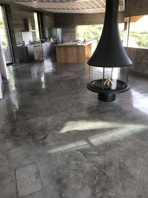 Kitchen With Concrete Floors, Black Home Aesthetic, Concrete Cabin, Industrial Style House, Concrete Floors In House, Cement Flooring, Concrete Stain Patio, Concrete Staining, Cabin Style Homes