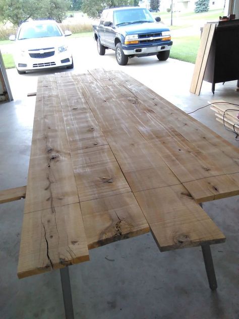 It has been awhile since I have posted a project on Hometalk. That is because I have been working on a dining table for most of the summer and into the fall. It is a hickory top trestle table and the largest table I have ever made. It is 43 inches wide and 10 ft. long and accepts a 16” leaf at each end. It seats 12-14 without the leaves and can accommodate 16-18 with the leaves.   I usually counsel people to not build a table for Christmas and/or Thanksgiving.  The friends I built this… 10 Ft Dining Room Table, Diy Conference Table, Diy Wood Table Top, Counter Height Dining Room Tables, Faux Wood Wall, Dark Wood Dining Table, Butcher Block Tables, Dining Table Height, Nook Table