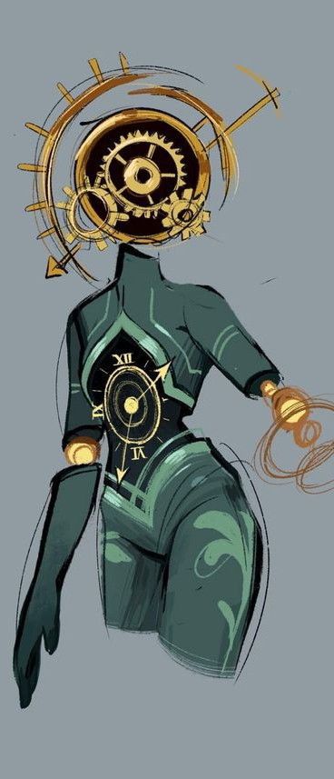 Character Bust Concept Art, Traveler Oc Design, Time Control Aesthetic, Clockwork Character Design, Clock Head Character, God Of Time Character Design, God Of Life Character Design, Time Traveler Character, Fortune Teller Character Design