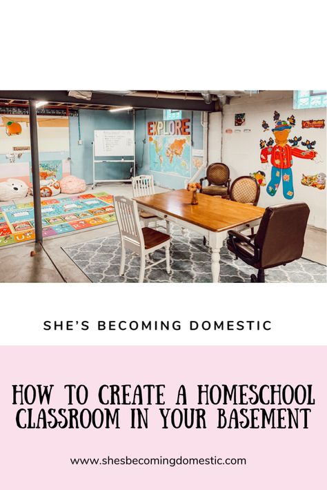 Homeschool Room Ideas Basement, Homeschool Basement Ideas, Basement School Room Ideas, Basement Homeschool Space, Simple Basement Playroom, Homeschool Room Basement, Basement School Room, Basement Classroom Ideas, Unfinished Basement Homeschool Room