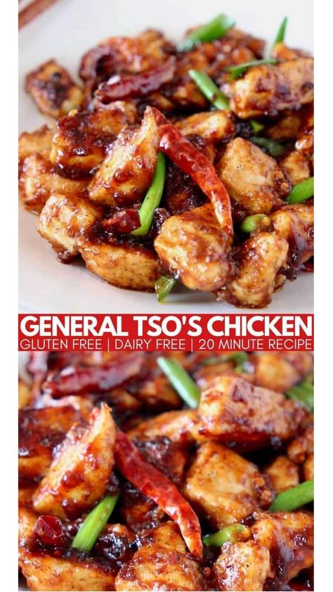 Gluten Free General Tso Chicken is easy to make in only 20 minutes! It's even better than Chinese takeout and made with the best sauce! General Tso Chicken Gluten Free, Gluten Free General Tso Chicken, Gluten Free Chinese Food, Gluten Free Orange Chicken, Chinese Honey Chicken, Gluten Free Chinese, Tso Chicken, Gluten Free Vegetarian Recipes, Comfort Casseroles