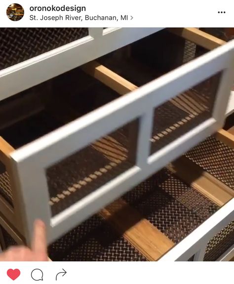 Mesh drawers for root veggies in pantry Pantry With Produce Drawers, Kitchen Island Produce Storage, Root Vegetable Drawer, Fruit Drawer Kitchen, Vegetable Drawer Cabinets, Pantry Basket Drawers, Produce Drawer In Kitchen, Vegetable Drawers Kitchen, Onion Drawer