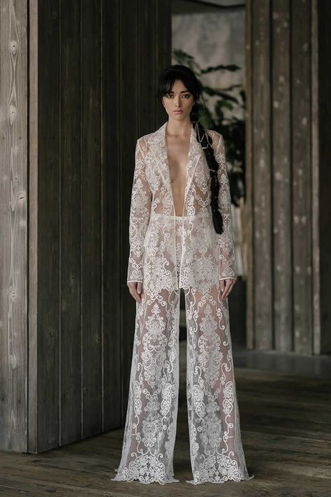 The Only Wedding Dress Trends 2019 Brides Need to Know White Lace Suit, Rivini By Rita Vinieris, Lace Suits, Lace Jumpsuit Wedding, Bridal Pants, Rita Vinieris, Wedding Pantsuit, Lace Suit, Two Piece Wedding Dress