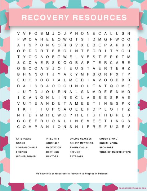 Click the image to download, print, and play! #wordsearch #recoverywordsearch #printablewordsearch #free #freedownload #freewordsearch #recovery #soberlife #sober #trusttheprocess #innerpeace #serenity #positivevibes #positivity #recoverylife #recoveryresources Recovery Group Ideas, Substance Recovery, National Recovery Month, Life Skills Worksheets, Free Printable Crossword Puzzles, Printable Crossword Puzzles, Free Printable Word Searches, Free Word Search, Free Printables Organization