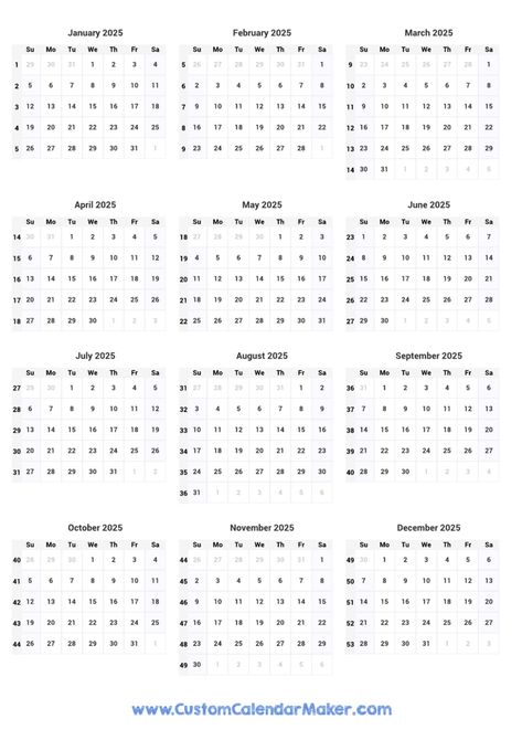 Calendar With Week Numbers, Yearly Calendar Template, Printable Yearly Calendar, 2025 Calendar, Weekly Calendar, Print Calendar, Calendar Printable, Pdf Templates, Yearly Calendar