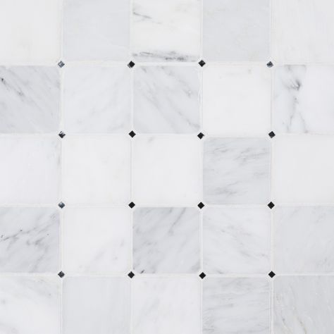 Check out our white, natural stone octagon black dot tile from chapter 15: classic statuario available at a Jeffrey Court dealer near you. Daltile Octagon And Dot Bathroom, Octagon And Dot Tile, Jeffrey Court Tile, Drømme Bad, Octagon Tile, Cottage Style Bathrooms, Jeffrey Court, Marble Square, Timeless Bathroom