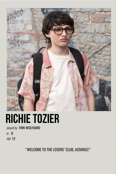 It Polaroid Poster, Richie From It, Richie Tozier Icons, Character Polaroid Poster, Character Polaroid, Minimalist Movie Posters, Movie Character Posters, Richie Tozier, Loser Club