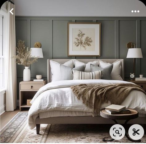 Olive Master Bed, Green Bedding Master, Moody Green Bedroom, Bedroom Decoration Ideas, Attic Bedroom Designs, Farmhouse Style Bedrooms, Sage Green Bedroom, Creative Bedroom, Accent Wall Bedroom