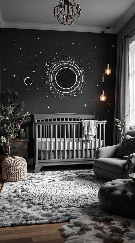 Dark Aesthetic Decor Horror Nursery Theme, Night Court Nursery, Velaris Nursery, Witchy Nursery Ideas, Dark Baby Room, Goth Nursery Ideas, Moody Baby Nursery, Celestial Nursery Theme, Dark Celestial Aesthetic