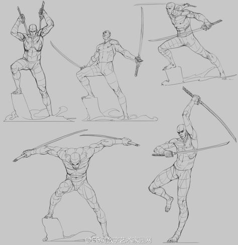 Person Holding Two Swords Reference, Samurai Action Pose, Split Personality Character Art, Ax Pose Reference, Dual Swords Pose Reference Drawing, Fighter Pose Reference Male, Double Swordsman Pose, Dual Wielding Pose, Terrible Drawings