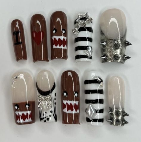 2010 Nail Designs, Icp Juggalo Nails, Domo Kun Nails, Ptv Nails, Gothic Acrylic Nail Designs, Carti Nails, Emo Christmas Nails, Gloomy Bear Nails, Scene Kid Nails