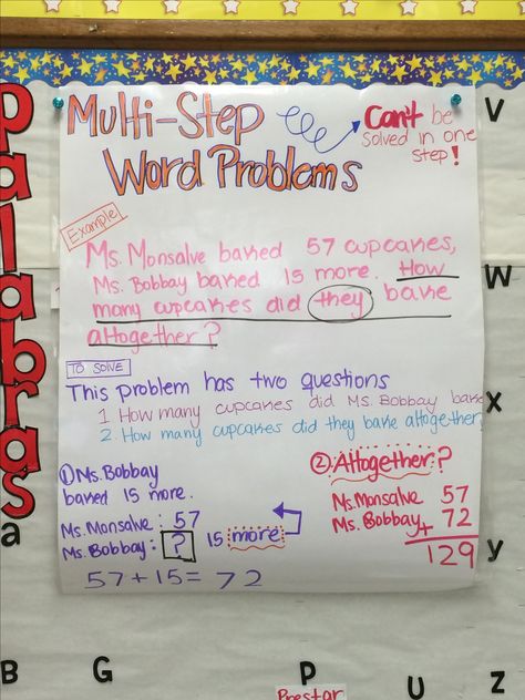 Multi-step word problems! Such a hard concept to teach but this really helped my kiddos! Multi Step Problems Anchor Chart, Multi Step Word Problems Anchor Chart, 2 Step Word Problems Anchor Chart, 2 Step Word Problems 3rd Grade, Two Step Word Problems Third Grade, Two Step Word Problems 2nd Grade, Word Problem Anchor Chart, Multi Step Word Problems, Classroom Anchor Charts