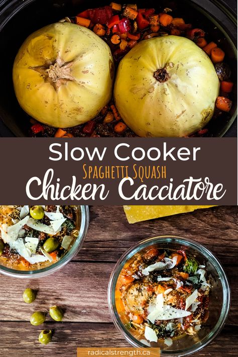 The best chicken cacciatore made in your slow cooker! Authentic Italian flavours with boneless chicken breasts or thighs, super healthy and ready to go in your crock pot. Add a spaghetti squash right inside to serve this classic dish on top of healthy squash noodles. #healthy #slowcookerchicken #chickenbreastrecipes #crockpotitalian #italiancuisine Spaghetti Squash Slow Cooker, Crockpot Spaghetti Squash, Slow Cooker Chicken Cacciatore, Noodles Healthy, Crockpot Chicken Spaghetti, Crockpot Spaghetti, Healthy One Pot Meals, Slow Cooker Spaghetti, Chicken Cacciatore Recipe