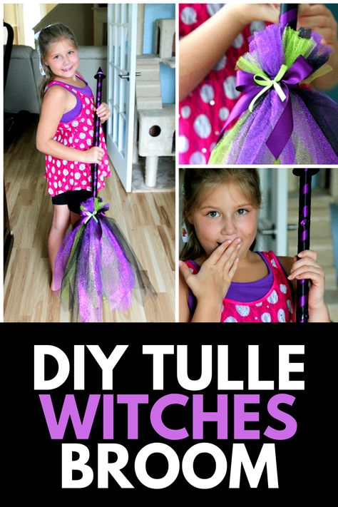 Diy Witch Costume Kids, Kids Witch Costume Diy, Make Your Own Witches Broom, How To Make A Witches Broom Diy, Toddler Witch Costume Diy, Diy Broomstick Witch Broom, Diy Girl Witch Costume, Tulle Witches Decoration, Diy Witch Broom