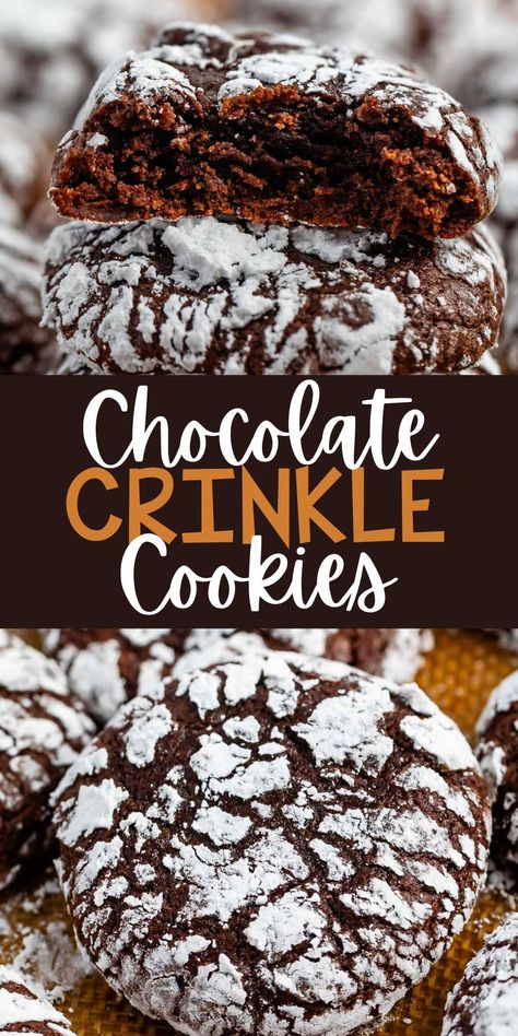 Easy Chocolate Crinkle Cookies are a classic cookie recipe! These are the best Christmas cookies - a thick soft and chewy chocolate cookie with cocoa powder. They almost taste like a brownie! Everyone loves these old-fashioned cookies. Chunky Chocolate Cookies, Chocolate Crunch Cookies, Soft Chocolate Cookies Recipes, Fudgy Chocolate Crinkle Cookies, Chocolate Crinkle Cookie Recipe, Chocolate Crinkle Cookie, Chocolate Crinkles Recipe, Crinkles Recipe, Chocolate Crackle Cookies