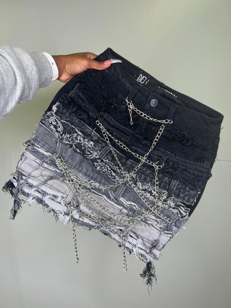 Custom Denim Skirts, Distressed Skirt Outfits, Custom Denim Skirt Outfit, Custom Skirt Denim, Custom Jean Skirt, Distressed Skirts, Customized Skirt, Upcycling Tshirt, Custom Skirts