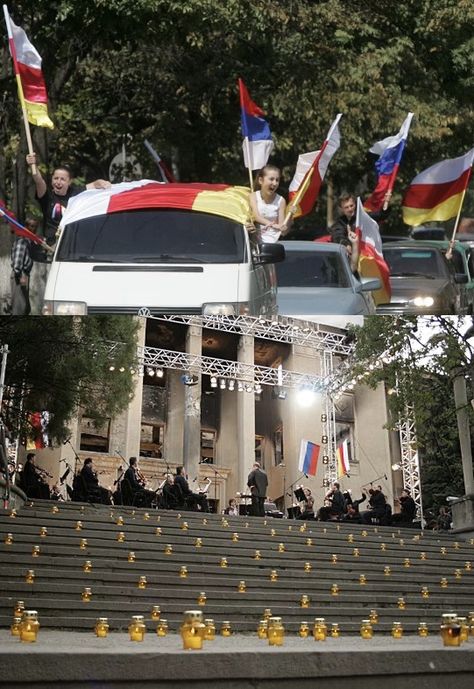 Top - Celebrations after Russia recognizes South Ossestia’s independence from Georgia, 2008 / Bottom - Valery Gergiev, Russian (of Ossetian origin) conductor & director of Mariinsky Theater, conducted a concert @ the ruined South Ossestia parliament in memory of the victims of the war in South Ossetia, August 2008 South Ossetia, Travel History, Theater, Georgia, Russia, Concert, The Originals, History, Celebrities