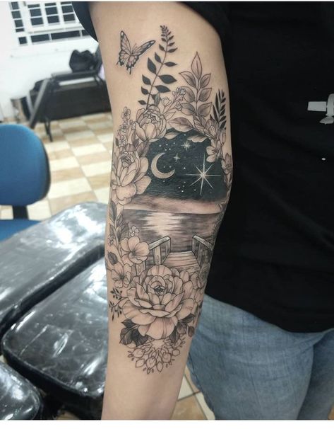 Flower And Space Tattoo, Nature Arm Tattoos For Women, Beautiful Forearm Tattoo Women, Sky Tattoos For Women, Fairy Garden Tattoo Sleeve, Legs Tats, Mystical Tattoos For Women, Celestial Sleeve Tattoo, Celestial Tattoo Sleeve