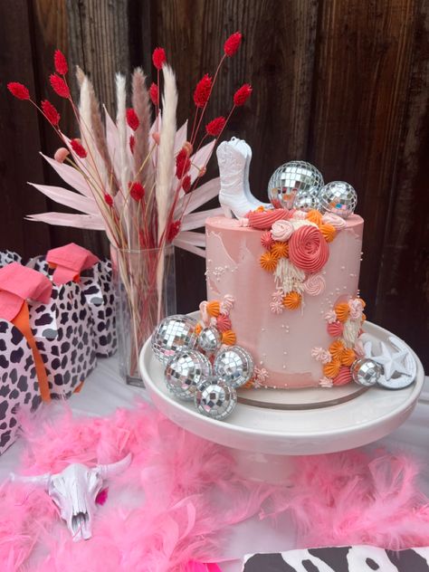 Pink Western Cake Cowgirl Birthday, 18th Birthday Cake Cowgirl, Dolly Parton Themed Birthday Cake, Nfr Birthday Party, Cowgirl 21st Birthday Cake, Country Singer Birthday Party, 21st Birthday Ideas Disco Cowgirl, Preppy Cowgirl Party Ideas, Disco Cowgirl Bachelorette Cake