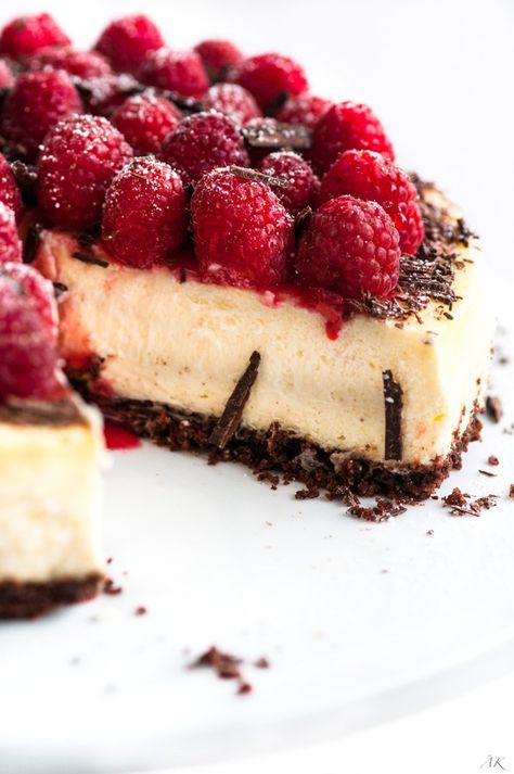 Dark Chocolate Raspberry Cheesecake | aberdeenskitchen.com Chocolate Raspberry Cheesecake Recipes, Chocolate Crust Cheesecake, Raspberry Cheesecake Recipes, Rasberry Sauce, Dark Chocolate Raspberry, Chocolate Raspberry Cheesecake, Chocolate Crust, Raspberry Sauce, Chocolate Cheese