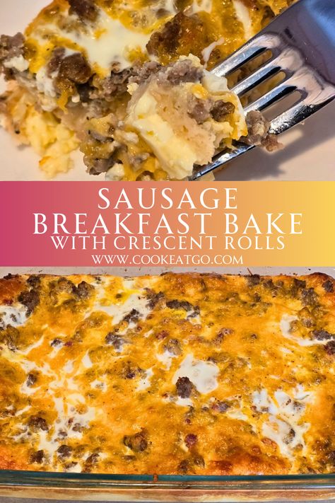 Looking for an easy but filling breakfast casserole!! Baked on fluffy crescent rolls and topped with bacon, sausage, cheese, and eggs, makes for an easy breakfast! It will be a crowd-pleaser and a family favorite as well. Comfort food for breakfast is perfect! Pin this to your Breakfast Pinterest board for later. Breakfast Recipes Using Crescent Rolls, Sausage Breakfast Casserole With Crescent Rolls, Breakfast With Crescent Rolls, Cresent Roll Breakfast Bake, Sausage Egg And Cheese Casserole Crescent Rolls, Crescent Roll Sausage Egg Casserole, Sausage Egg Crescent Roll Breakfast Casserole, Breakfast Casserole With Crescent, Easy Sausage Breakfast Casserole