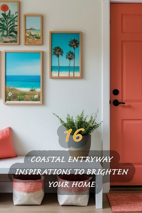 I'm absolutely in love with this coastal entryway! The vibrant coral door adds such a welcoming touch, and the beach-themed art perfectly captures the essence of summer. The plants and colorful cushions make it feel cozy and inviting. If you're looking to brighten up your home, these ideas are perfect for creating a serene, beachy vibe right at your entrance! Coastal Entryway Ideas, Coral Door, Entryway Design Ideas, Beach Themed Art, Colorful Cushions, Coastal Entryway, Entryway Design, Entryway Inspiration, Marine Colors