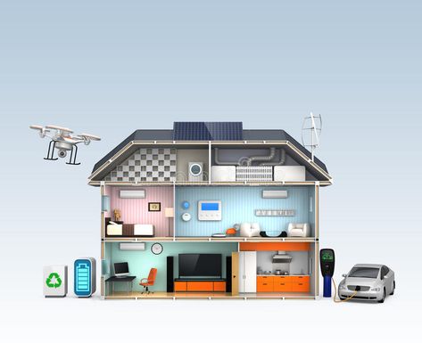 Smart house with energy efficient appliances. No text. royalty free illustration Smart House, Solar Power House, Energy Efficient Appliances, Electric Vehicle Charging, Solar House, Energy Efficient Homes, Electric Vehicle, Home Automation, Security System