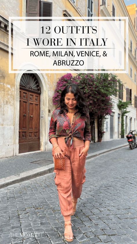 WHAT I WORE IN ITALY: A SUMMER OUTFIT PACKING LIST | Focusing on what brings me joy & comfort helped me pack light(er) for our Italian vacation! Here are the 12 summer outfit essentials that I wore on repeat. | #TheMomEditTravel #ItalyPackingList #SummerOutfits #ItalyOutfits #ItalyVacation #TanSandals #BlackDress #SilkJoggers #JeanShorts #CargoPants #PleatedShorts #TravelOutfits Italy Summer Outfits Women, What I Wore In Italy, Silk Cargo Pants Outfit, Outfits For Italy Spring, What To Wear In Italy In Summer, Rome Summer Outfits, Summer Outfit Essentials, Outfits To Wear In Italy, Italy Street Fashion