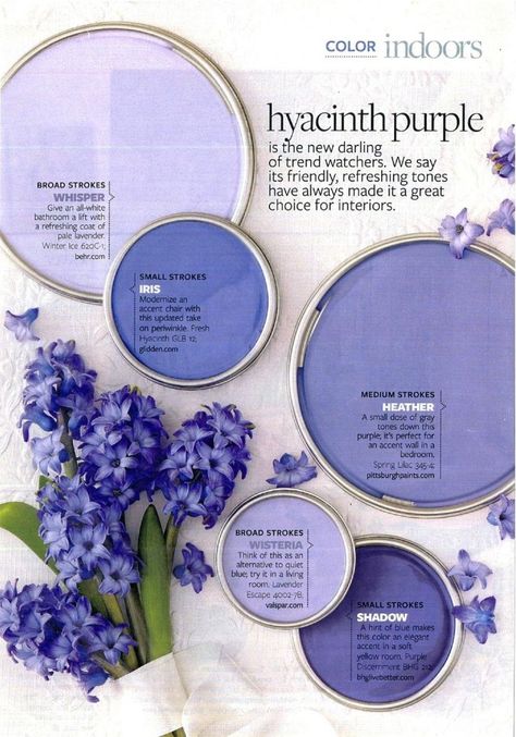 Hyacinth Purple Paint Color Palette. Paint Colors Used: Behr Whisper Glidden Iris Pittsburgh Paints Heather Valspar Wisteria BHG Live Better Shadow Purple Accent Walls, Purple Girls Room, Purple Paint Colors, Purple Kitchen, Purple Bathrooms, The Color Purple, Paint Color Palettes, Purple Paint, Purple Walls