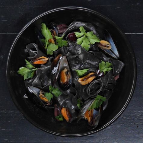 Squid Ink Pasta, Proper Tasty, Gnocchi Recipe, Mussels Recipe, Pasta Roller, Potato Gnocchi, Fried Calamari, White Wine Sauce, Dark Sea