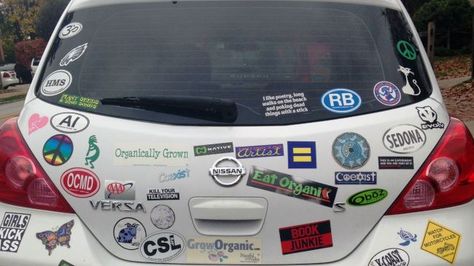 Car Covered In Stickers, Cars With Bumper Stickers, Pilgrims Progress, Sticker Bomb, Earthship, Car Bumper Stickers, Car Personalization, Dog Car, Car Stuff