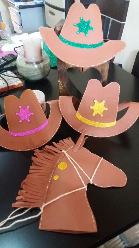 Cowboy Hat Craft Preschool, Decorating Cowboy Hats Ideas, Western Crafts For Kids, Diy Cowboy Costume, Wild West Activities, Cowboy Hat Crafts, Western Party Decorations, Vacation Bible School Craft, Instrument Craft