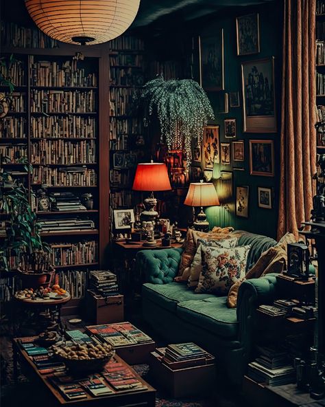 The ShopKeepers on Instagram: “Harold T. Finnegan's vintage bookstore 📷@darylanselmo Magical vintage bookshop - is this the future of virtual shopping? #bookstagram…” Victorian 70s Decor, Jewel Tone Dark Academia, Decadent Home Decor, Living Room Decor Dark Academia, Classically Eccentric Decor, Eclectic Academia Aesthetic, Dark Academia Reading Room, Dark Academia Couch, Moody Aesthetic Home