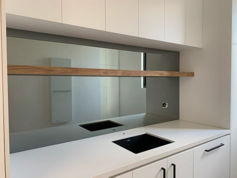 Servery Ideas, Grey Tinted Mirror, Mirrored Splashback, Coloured Glass Splashbacks, Glass Splashbacks Kitchen, Glass Tables, Glass Splashbacks, Tinted Mirror, Black Taps